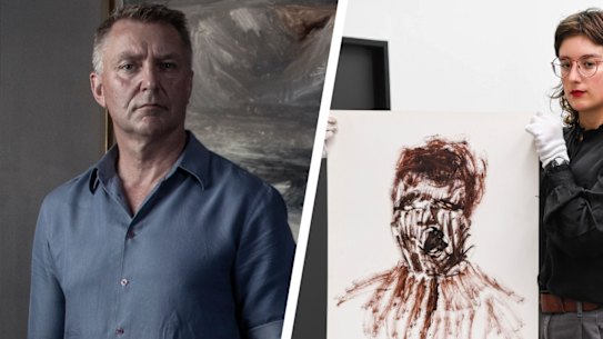 Andrew Turley, left, and a curator with a Sidney Nolan image.