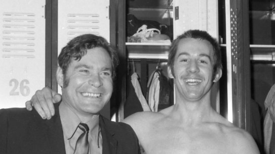 Carlton’s Brent Crosswell with coach Ron Barassi in the changing rooms after Carlton defeated Collingwood in the final round of the season in 1971.