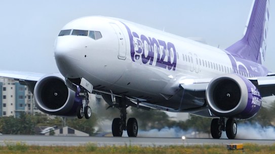 Bonza First Boeing 737 MAX arrives at Sunshine Coast airport. 