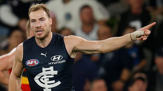 Harry McKay celebrates a goal against the Crows in round eight.