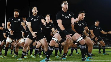 The All Blacks performing the haka before a Test match in 2018.