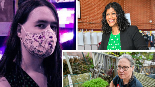 Greens member Bianca Haven, left, leader Samantha Ratnam and unionist Linda Gale.