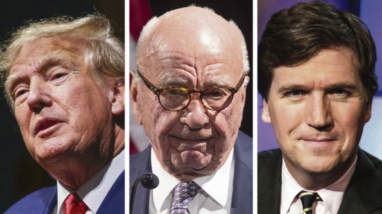 Fox and friends: Donald Trump, Rupert Murdoch, Tucker Carlson.