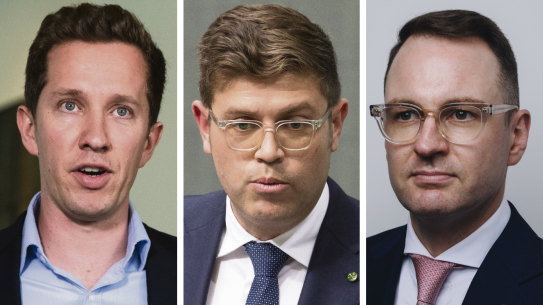 Housing hypocrites? Max Chandler-Mather of the Greens, Labor’s Jerome Laxale and Liberal senator Andrew Bragg.