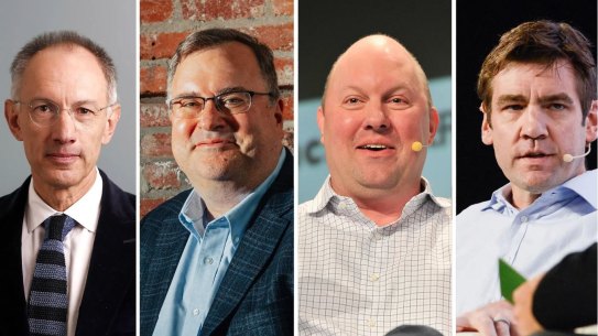 From left, Michael Moritz, Reid Hoffman, Marc Andreessen and Chris Dixon, four prominent Silicon Valley investors, have backed Flannery Associates.