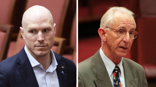 David Pocock (left) has emerged as a crossbench powerbroker in the Senate, like Brian Harradine (right) before him.
