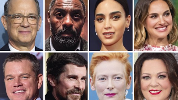 Attracted by the boom in overseas production: (from top left) Tom Hanks, Idris Elba, Melissa Barrera, Natalie Portman, Matt Damon, Christian Bale, Tilda Swinton and Melissa McCarthy.