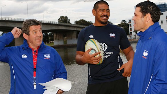 John Muggleton (left), with Will Skelton, and Jeremy Paul at a National Rugby Championship event in 2016.