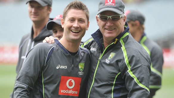 Dean Jones, right, with former Australian cricket captain Michael Clarke in 2012.
