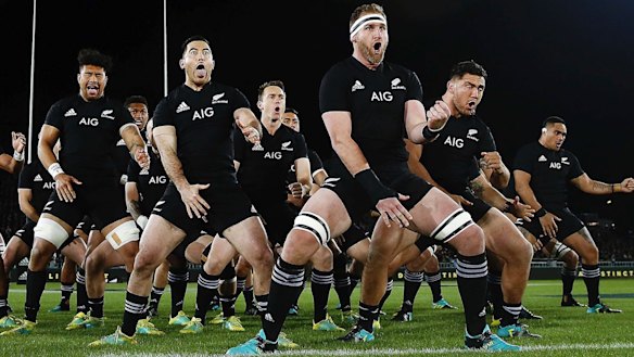 The All Blacks performing the haka before a Test match in 2018.