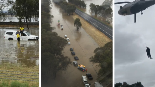 Images from the Hume Freeway where stranded drivers have been airlifted to safety.