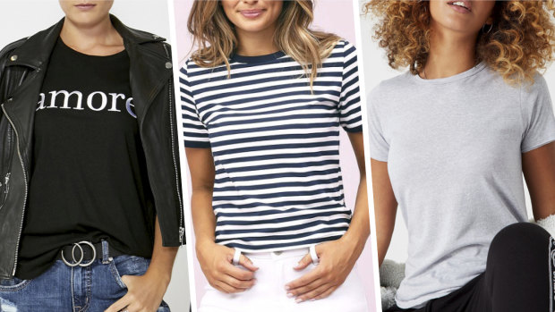 Can you spot the most ethical T-shirt? From left: Decjuba, Ally Fashion, Cotton On.