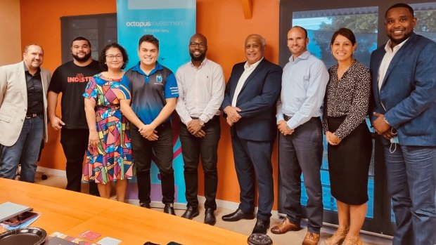 From left to right: Rohan Mannix, Hakon Dyrting, Naomi Antess, the general manager of the Northern Territory Indigenous Business Network, Jerome Cubilo, its CEO, Lumi Adisa, of Octopus Australia, Bevan Mailman, of Jaramer Legal and co-chair of Desert Springs Octopus, Sam Reynolds, co-chair of Desert Spring Octopus, Deborah Anstess-Vallejo and Donald Betts Jr of Jaramer Legal.