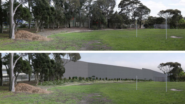 Before and after images from North Balwyn's Belle Vue Primary School once the Eastern Freeway is widened, as part of the North East Link.