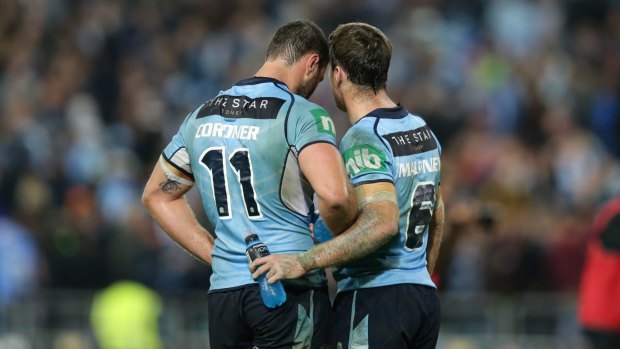 Survivors: Boyd Cordner, left, and James Maloney, could be two of the only players to have tasted Origin defeat in the 2018 Blues squad.