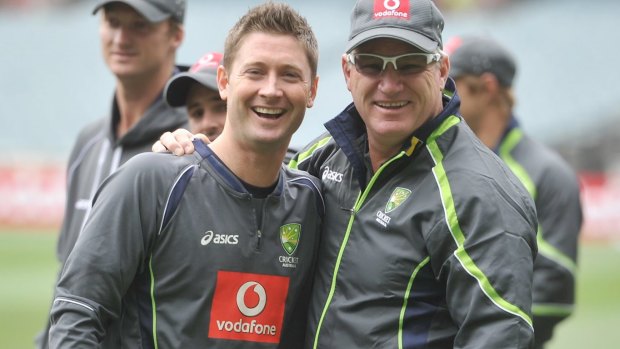 Dean Jones, right, with former Australian cricket captain Michael Clarke in 2012.