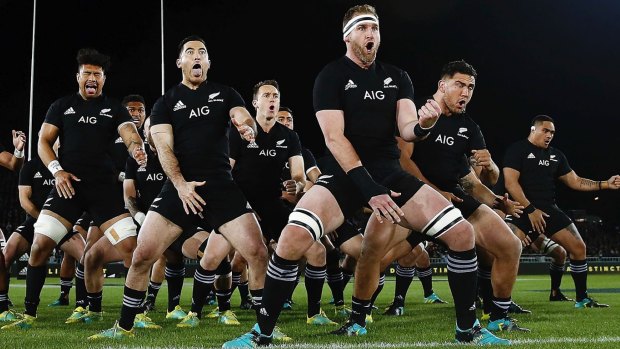 The All Blacks performing the haka before a Test match in 2018.