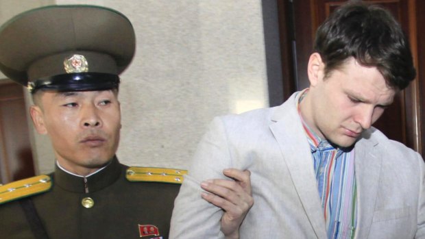 American student Otto Warmbier is escorted at the Supreme Court in Pyongyang, North Korea, in March 2016.