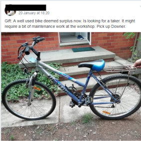 A Buy Nothing group member offers up a bike for free.