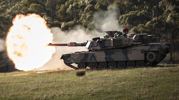 An Australian Army M1A1 Abrams tank during an exercise at Puckapunyal in Victoria in 2018.