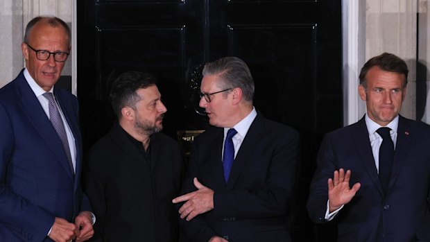 From left, German chancellor Friedrich Merz, Ukrainian President Volodymyr Zelensky, UK Prime Minister Keir Starmer and French President Emmanuel Macron after their meeting at 10 Downing Street in London on Sunday.