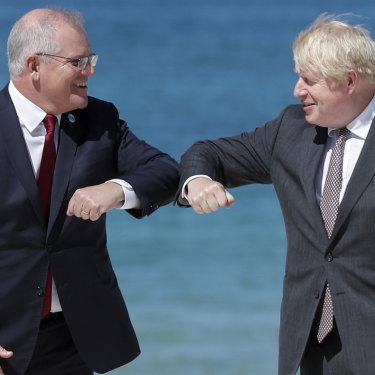 Touching base: Prime Minister Scott Morrison and British Prime Minister Boris Johnson in Cornwall for the G7 summit.