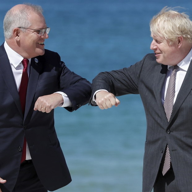 Touching base: Prime Minister Scott Morrison and British Prime Minister Boris Johnson in Cornwall for the G7 summit.