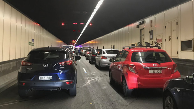 Traffic inside the tunnel was at a standstill after the car caught fire shortly after 6pm. 