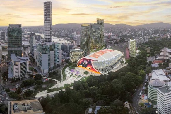 An artist’s impression of Brisbane Arena at its original Roma Street site. The government has now proposed a new site in Woolloongabba, across from the soon-to-be demolished Gabba. 