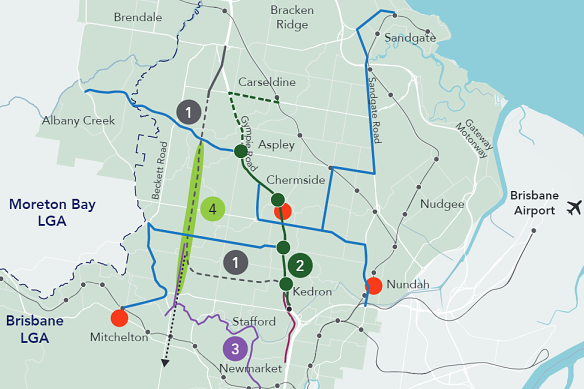 A map showing the potential North West Motorway and Brisbane bus extensions.