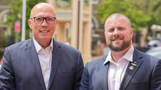 Opposition Leader Peter Dutton with the former Liberal candidate for Whitlam Benjamin Britton in January.
