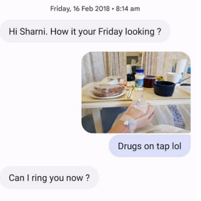 Text messages between Sharni Sinclair and her employer the day after she was hospitalised for a septic uterus following a miscarriage.