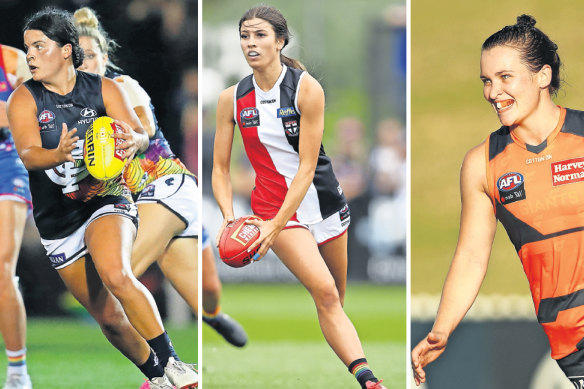 AFLW players L-R: Madison Prespakis (Carlton); Georgia Patrikios (St Kilda); Alyce Parker (GWS).