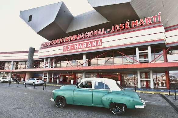 A vintage car, typical of those in Cuba, outside Havana’s international airport on February 14.
