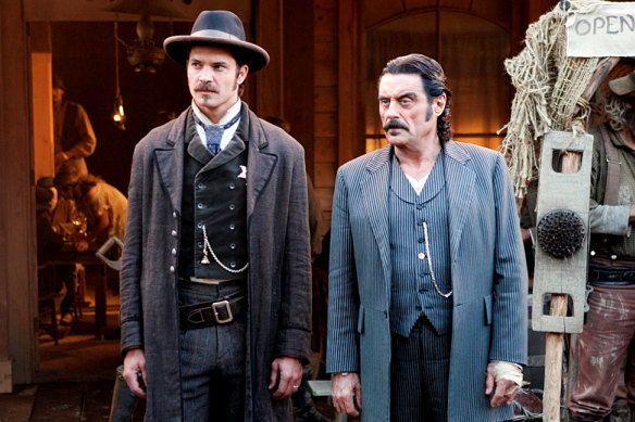 Timothy Olyphant as lawman Seth Bullock (left), and Ian McShane as brothel keeper Al Swearengen in Deadwood.