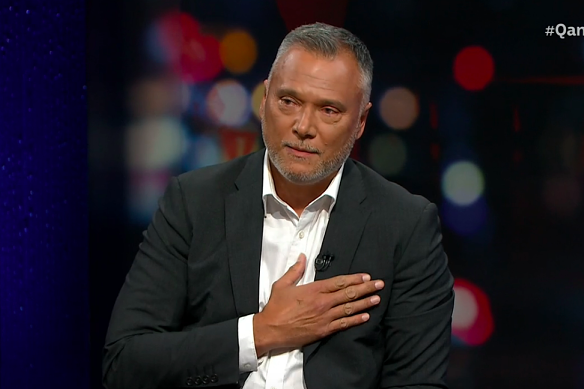 Stan Grant makes an emotional speech after stepping down as host of Q+A. 