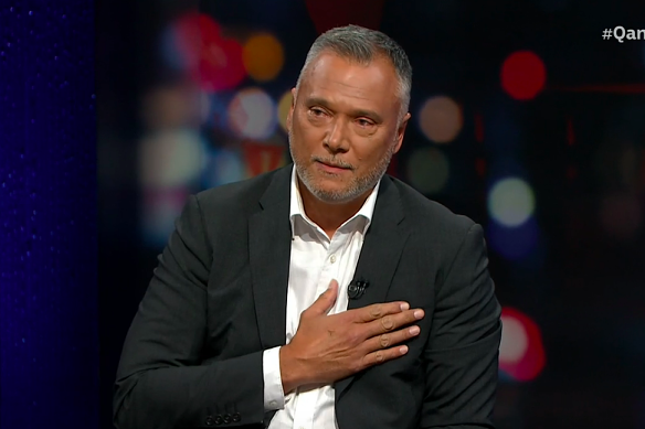 Stan Grant makes an emotional speech after stepping down as host of Q+A.