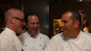 Heston Blumenthal with Neil Perry and Guillaume Brahimi. Businesses fronted by all three have been embroiled in wages scandals.