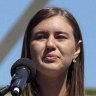 Brittany Higgins speaks at the March 4 Justice protest outside of Parliament House in Canberra.