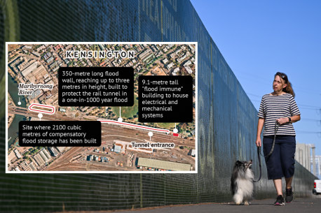 Composite image of Denise Jury walking past the flood wall in Kensington and the map of the flood mitigation works in the area.
