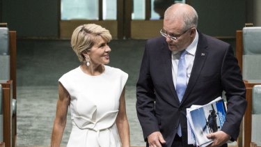 Julie Bishop with Scott Morrison on Thursday, when she announced she would not contest the next election.