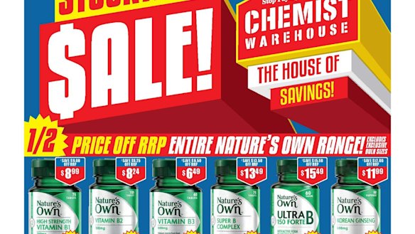 A page from the Chemist Warehouse catalogue showing the enormous amount of heavily-advertised vitamins, diet pills, supplements and cold and flu remedies.