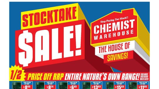 A page from the Chemist Warehouse catalogue showing the enormous amount of heavily-advertised vitamins, diet pills, supplements and cold and flu remedies.