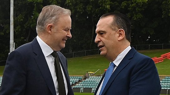 Australian Prime Minister Anthony Albanese with Peter V’Landys at Leichhardt Oval. Leichhardt, NSW. June 14, 2024. Photo: Kate Geraghty