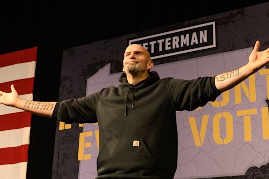 John Fetterman, lieutenant governor of Pennsylvania and Democratic senate candidate, arrives on stage during a campaign rally in Erie.