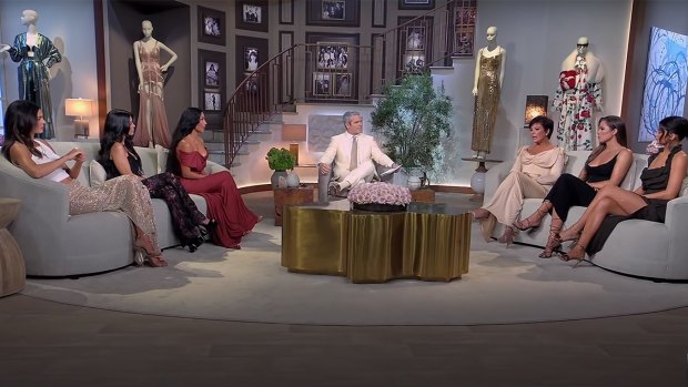 From left, Kendall Jenner, Kourtney and Kim Kardashian, Andy Cohen, Kris Jenner, Khloe Kardashian and Kylie Jenner during the Keeping Up With the Kardashians reunion special. 