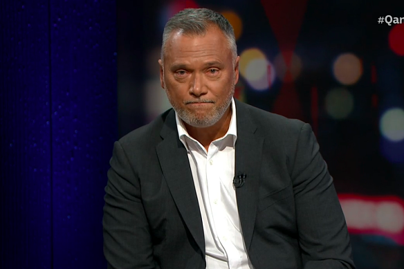 Stan Grant makes a speech after stepping down as host of Q&A on Monday.