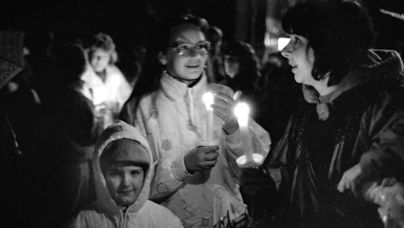 Protesters in Leipzig on October 9, 1989.