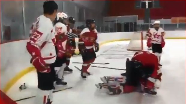 A brawl between the Hong Kong and Shenzhen ice hockey teams during China's National Youth Games. 