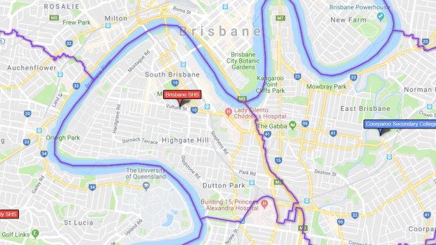 Brisbane State High School's existing catchment boundary in 2018.